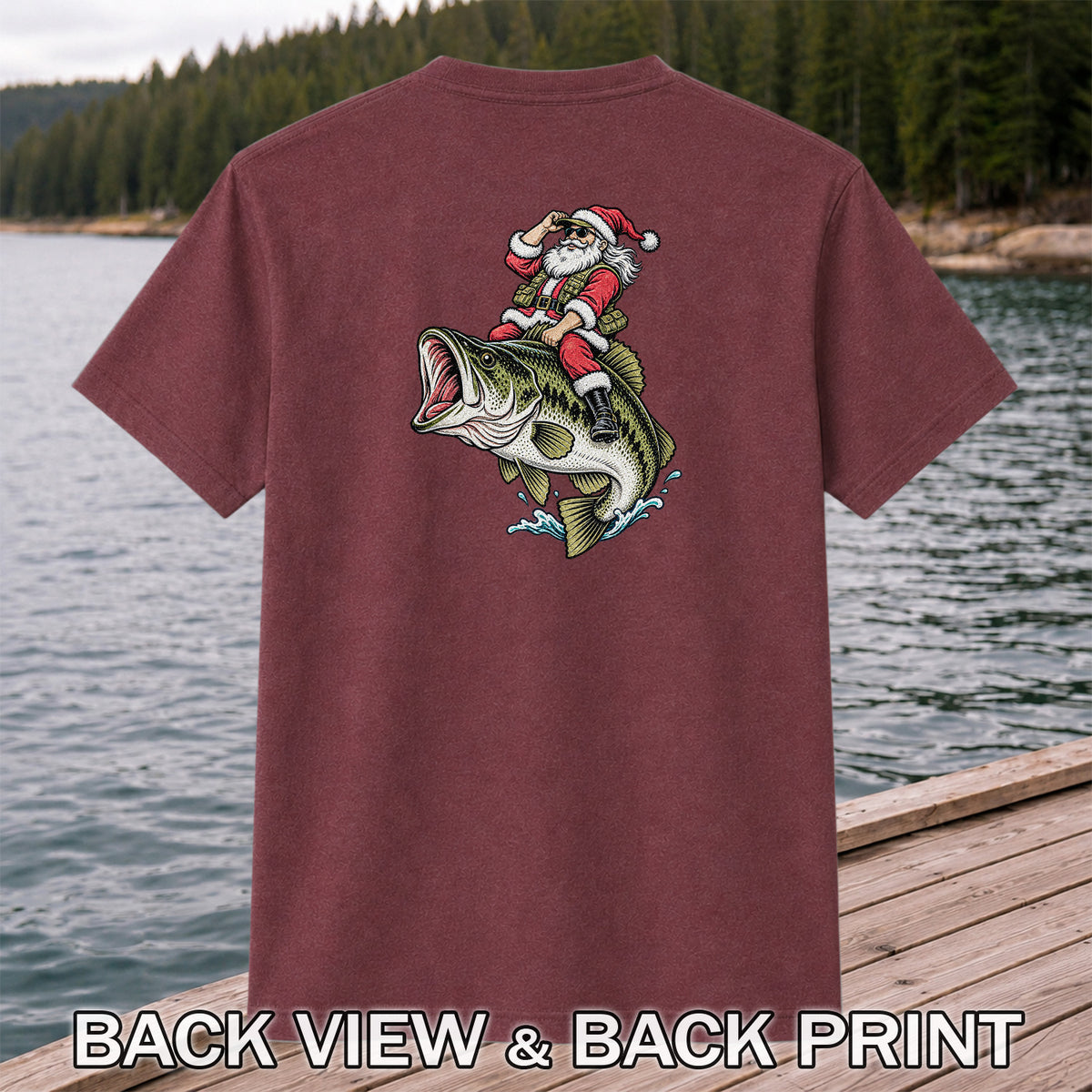 Santa Riding Largemouth Bass Christmas Fishing Graphic T-Shirt | Back Print