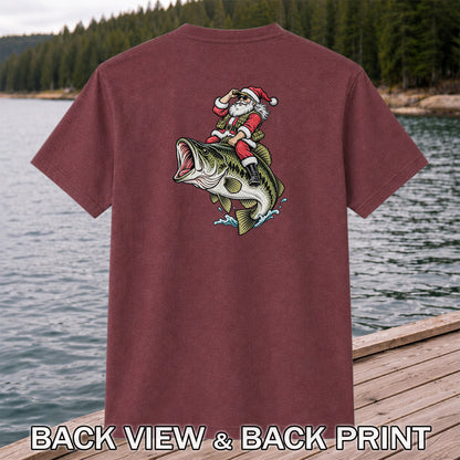 Santa Riding Largemouth Bass Christmas Fishing Graphic T-Shirt | Back Print