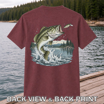 Jumping Largemouth Bass Chasing a Lure Lake Fishing Graphic T-Shirt | Back Print