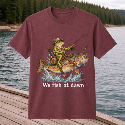 We Fish at Dawn Frog Riding a Rainbow Trout Funny Fishing T-Shirt