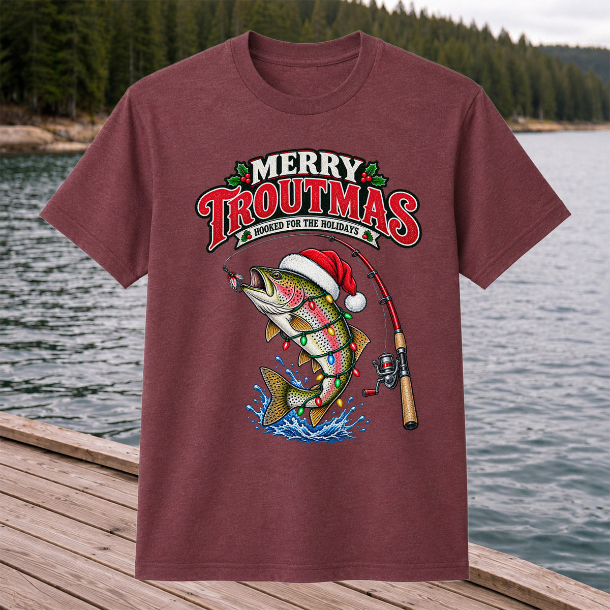 Merry Troutmas Hooked for the Holidays Rainbow Trout Christmas Fishing T-Shirt