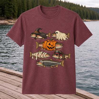 Rainbow Trout Halloween Costumes Witch Ghost Pumpkin Mummy Pirate Skeleton Fishing T-Shirt
