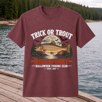 Trick or Trout Reel Spooky Halloween Fishing Club T-Shirt