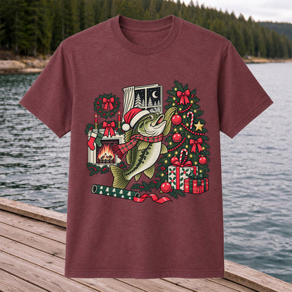 Christmas Bass Fishing Fireplace Tree Graphic T-Shirt