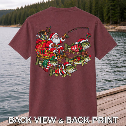 Santa Pulling Festive Bass Fishing Graphic T-Shirt | Back Print