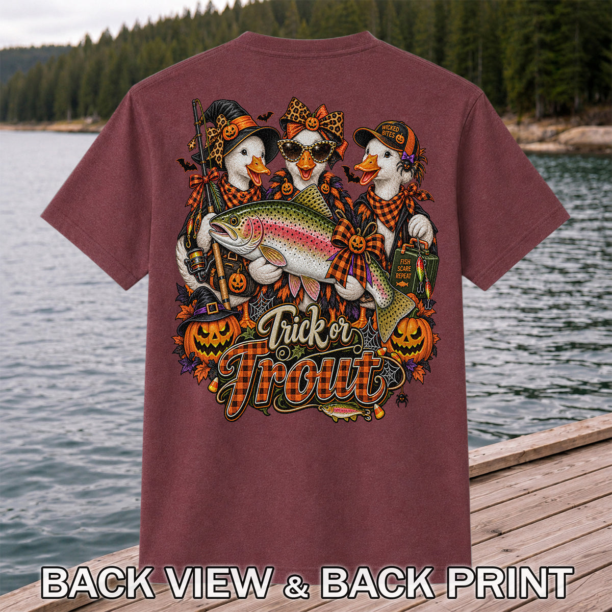 Trick or Trout Halloween Ducks with Rainbow Trout and Pumpkins Fishing T-Shirt | Back Print