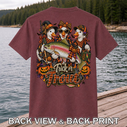 Trick or Trout Halloween Ducks with Rainbow Trout and Pumpkins Fishing T-Shirt | Back Print