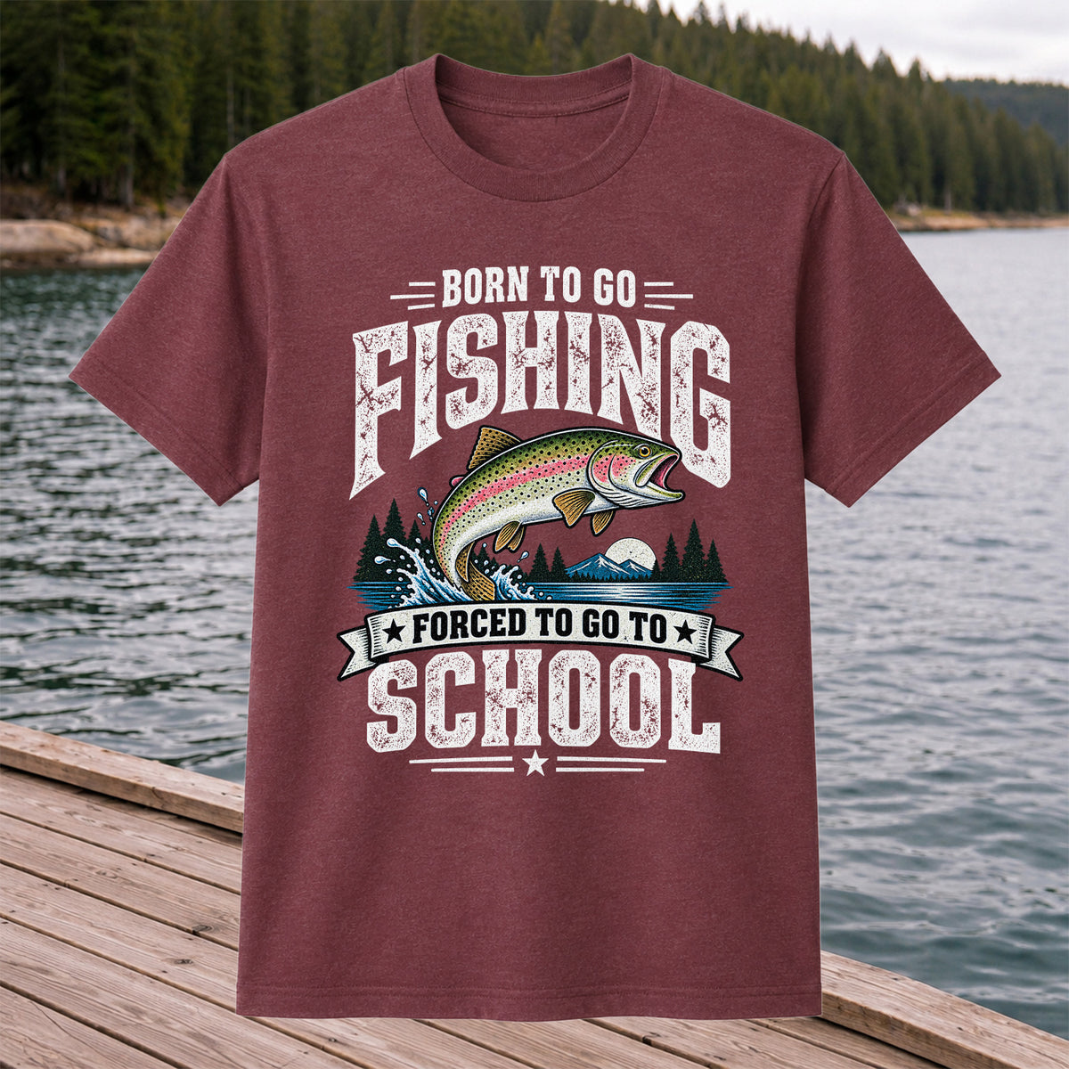 Born to Go Fishing Forced to Go to School Rainbow Tee, Trout T-Shirt | Back  Print