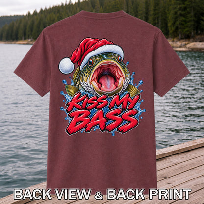 Kiss My Bass Santa Hat Funny Christmas Fishing T-Shirt | Back Print