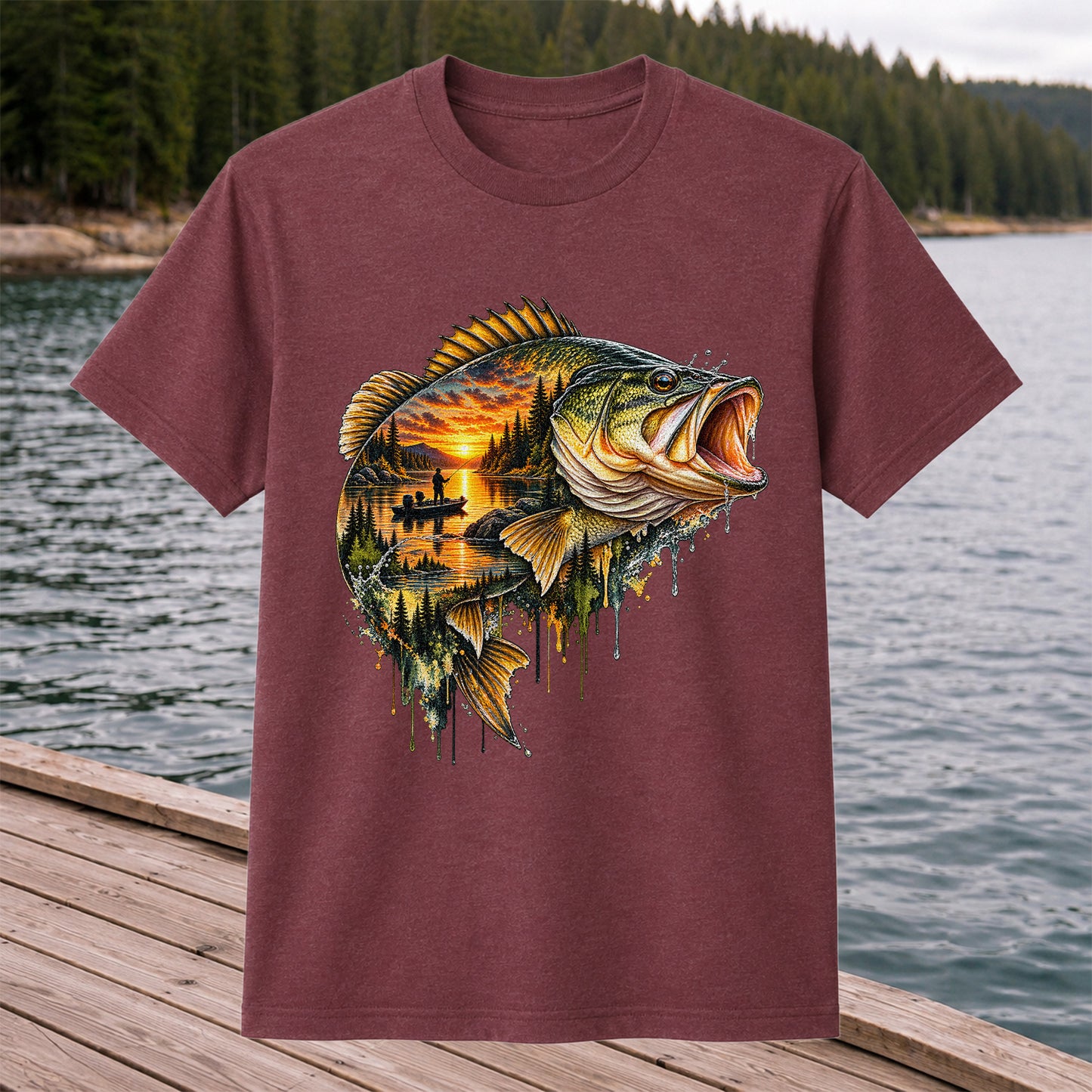 Largemouth Bass Sunset Lake Landscape Fishing Graphic T-Shirt