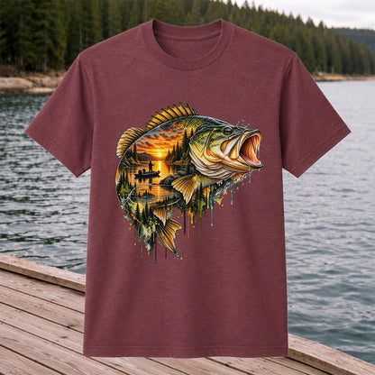 Largemouth Bass Sunset Lake Landscape Fishing Graphic T-Shirt