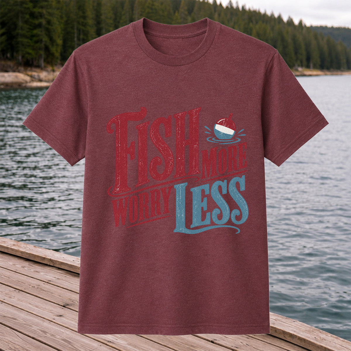 Fish More Worry Less Vintage Bobber Fishing Graphic T-Shirt