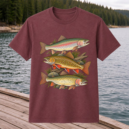 Vintage Rainbow Brook and Brown Trout Fishing Graphic T-Shirt
