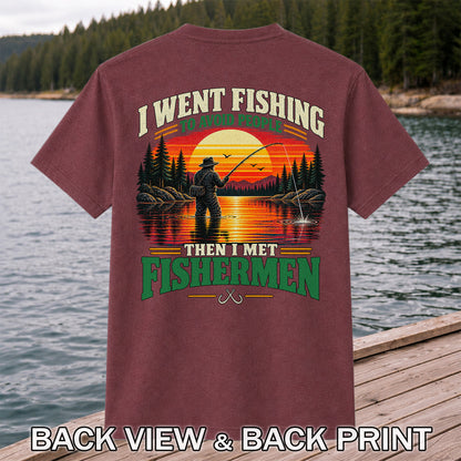 Sunset Fisherman Fishing Humor Graphic T-Shirt | Back Print