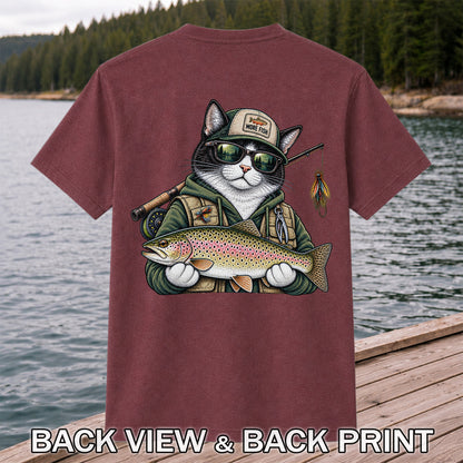 Cat Holding Rainbow Trout Fishing Graphic T-Shirt | Back Print