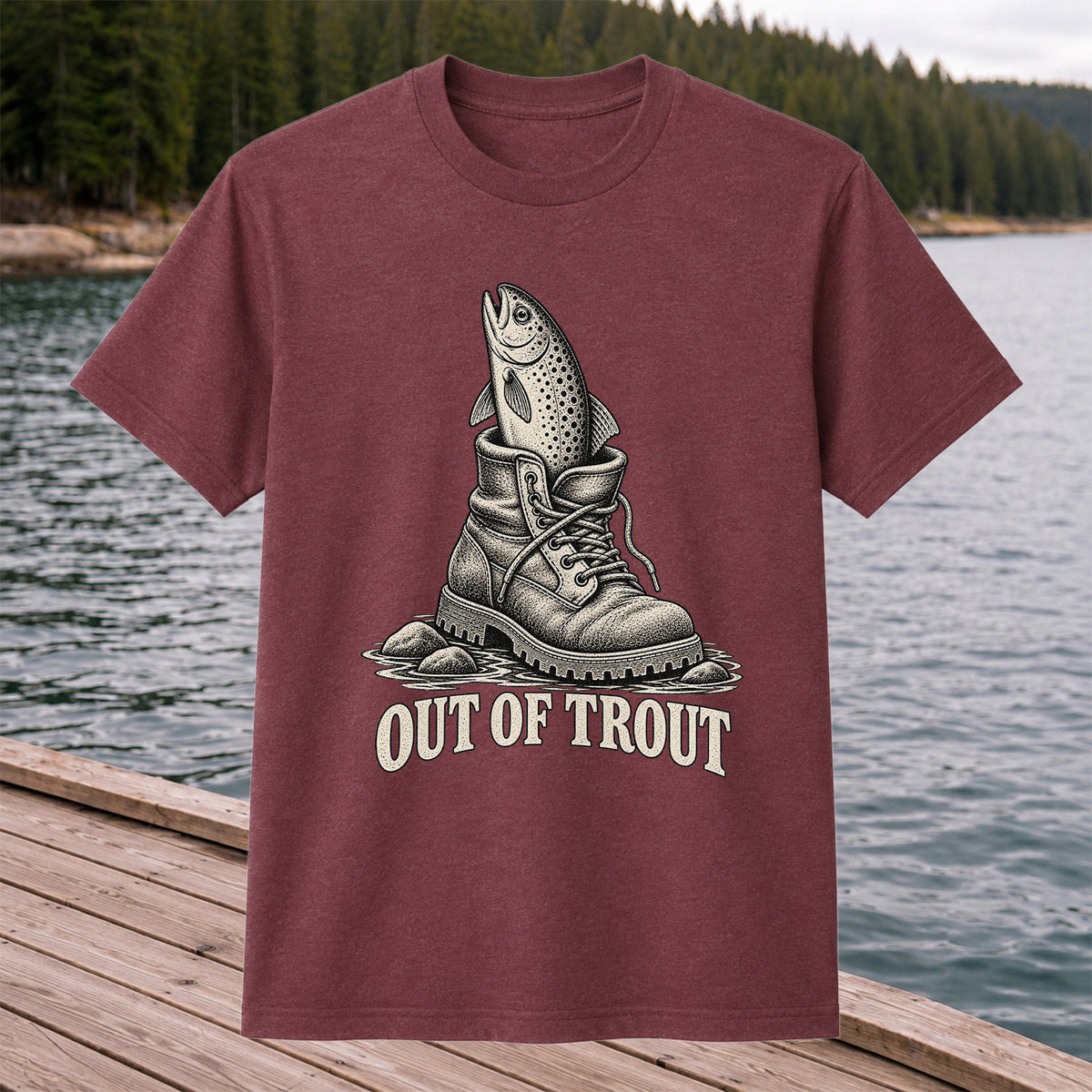 Out of Trout Funny Trout in a Hiking Boot Fishing T-Shirt