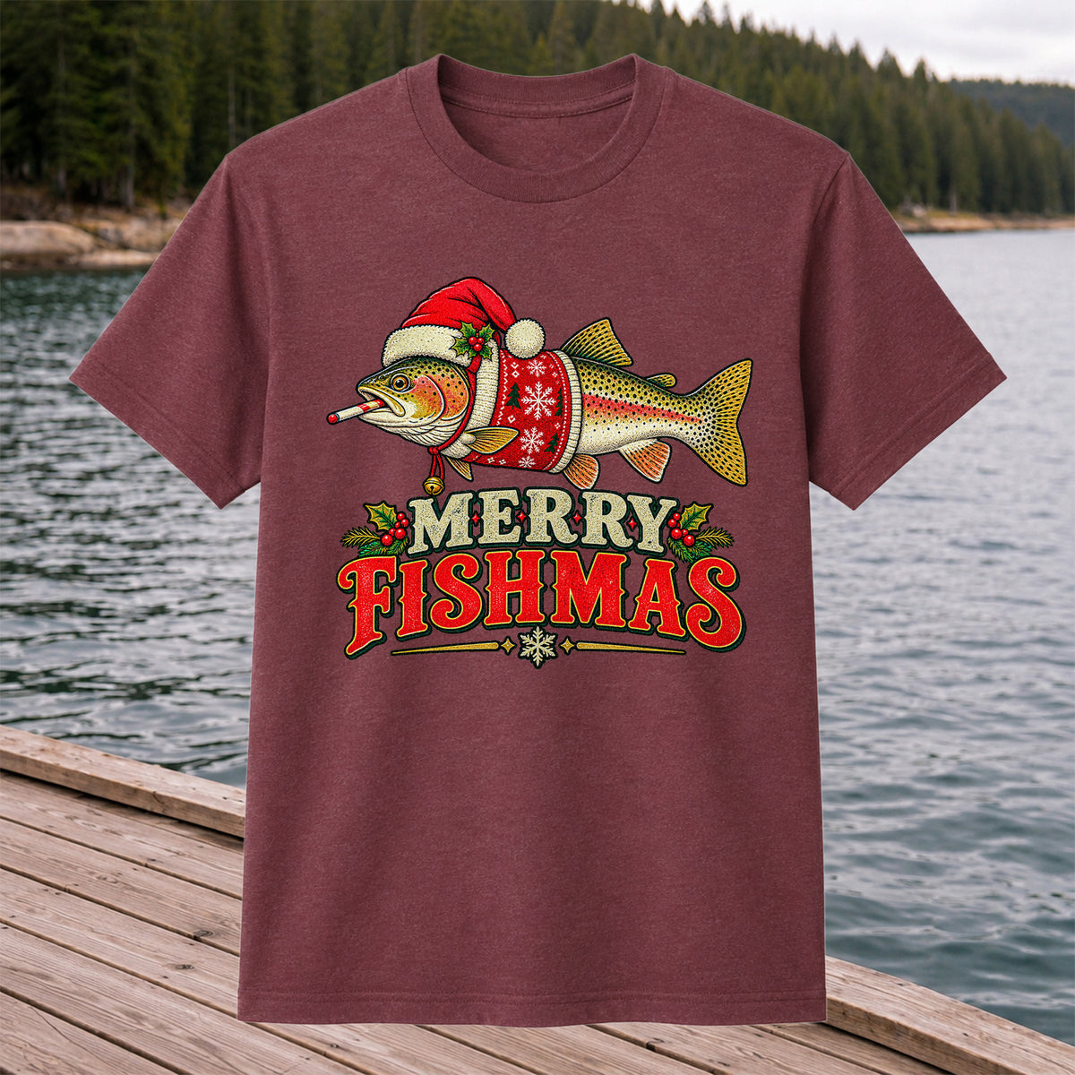 Christmas Trout Santa Fishing Graphic T-Shirt