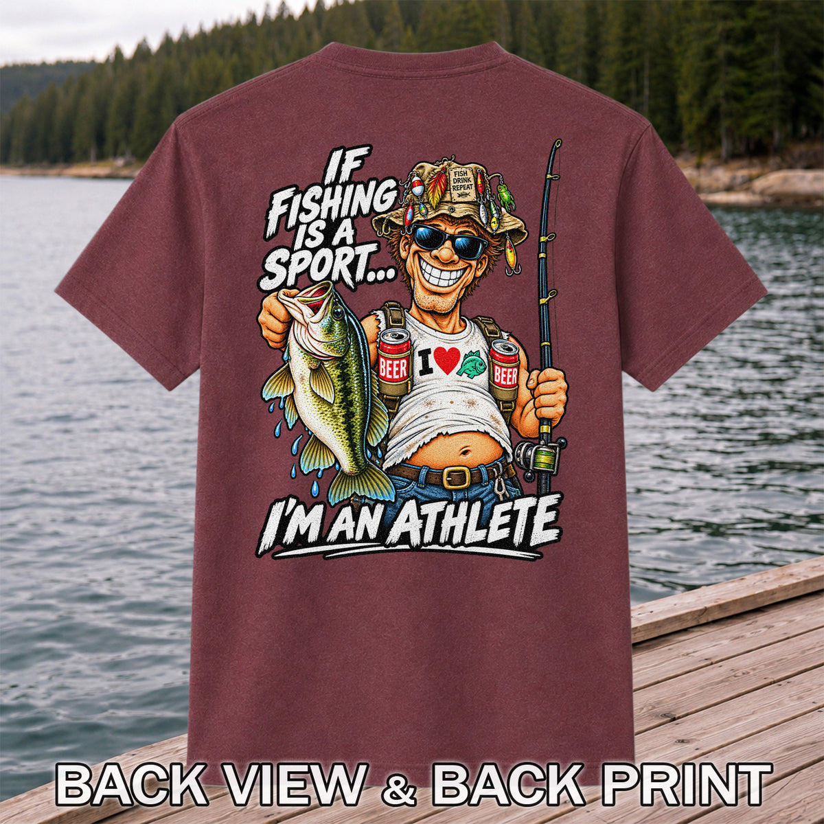 If Fishing Is a Sport I'm an Athlete Funny Bass Angler T-Shirt | Back Print