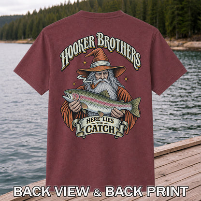 Hooker Brothers Here Lies the Catch Wizard Trout Fishing T-Shirt | Back Print