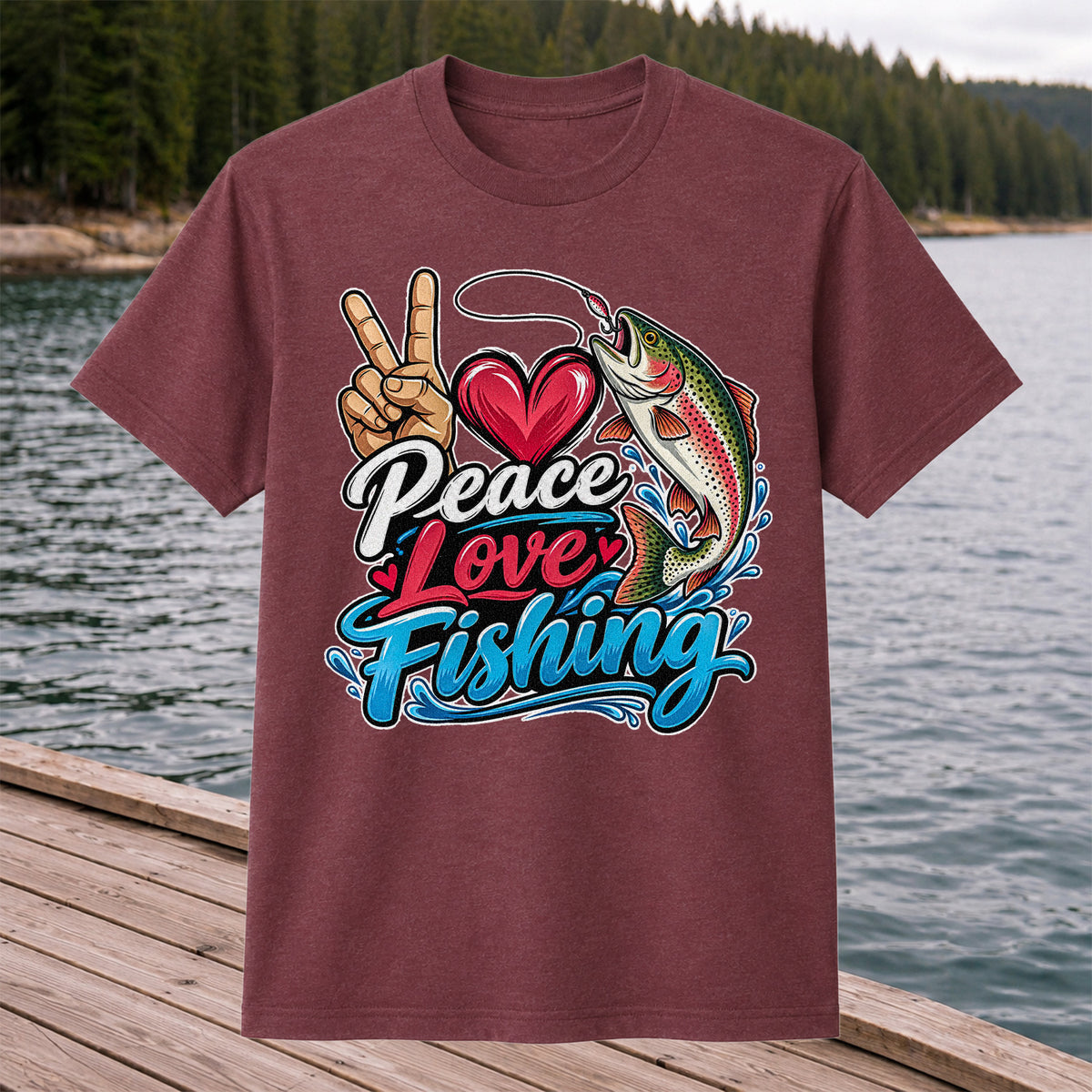 Peace Love Fishing Rainbow Trout and Heart Graphic T-Shirt
