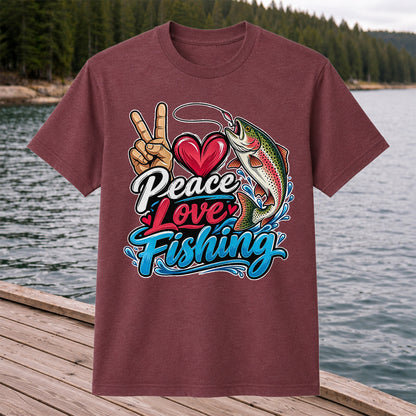 Peace Love Fishing Rainbow Trout and Heart Graphic T-Shirt