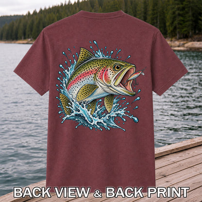 Rainbow Trout Striking a Fishing Lure Graphic T-Shirt | Back Print
