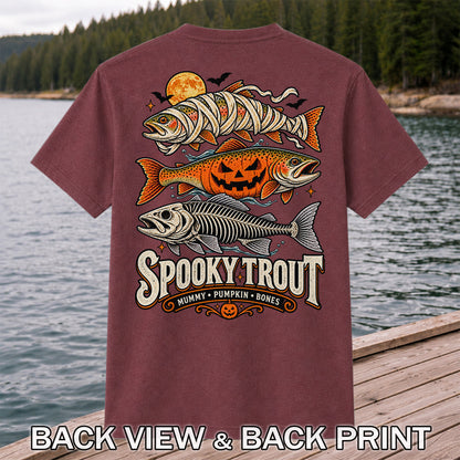 Spooky Trout Mummy Pumpkin Bones Halloween Fishing T-Shirt | Back Print