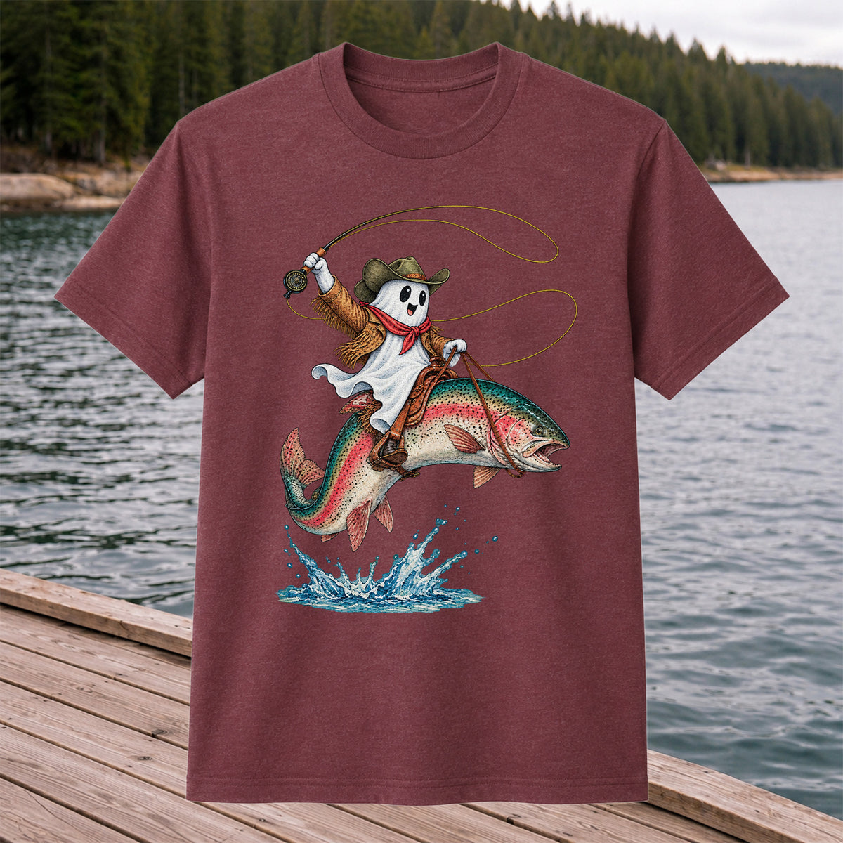 Ghost Cowboy Riding a Rainbow Trout Halloween Fishing T-Shirt