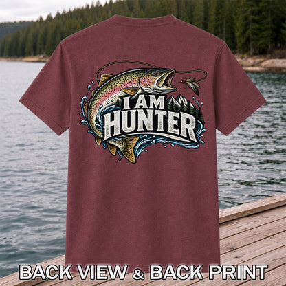 I Am Hunter Rainbow Trout Fly Fishing Mountain Graphic T-Shirt | Back Print