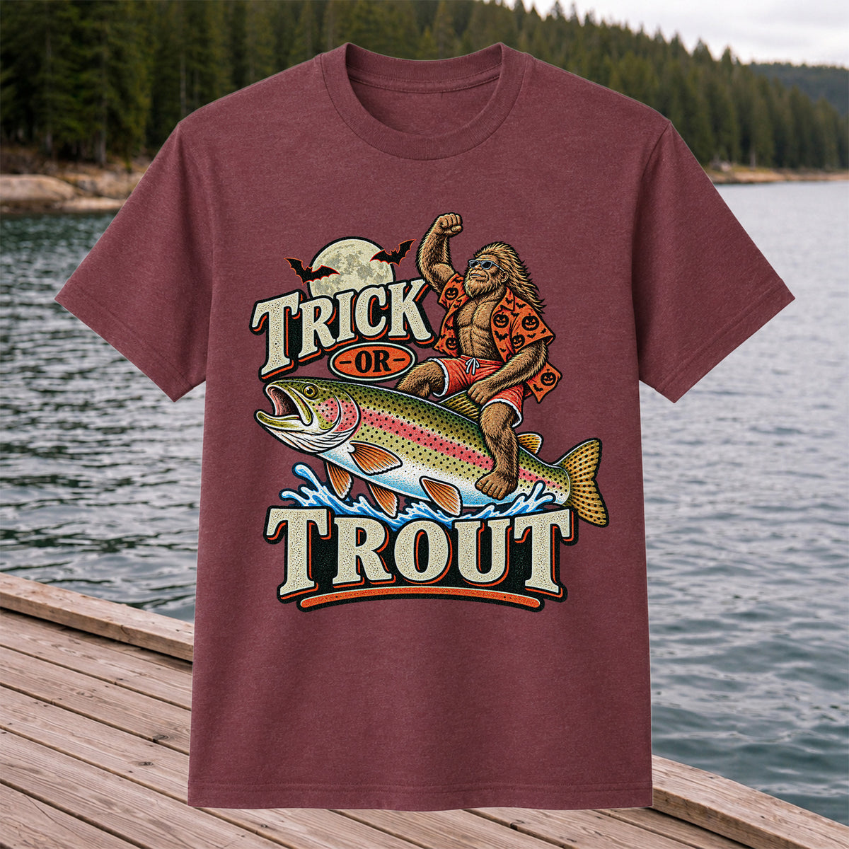 Trick or Trout Bigfoot Riding a Rainbow Trout Halloween Fishing T-Shirt