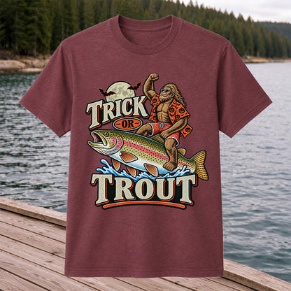 Trick or Trout Bigfoot Riding a Rainbow Trout Halloween Fishing T-Shirt