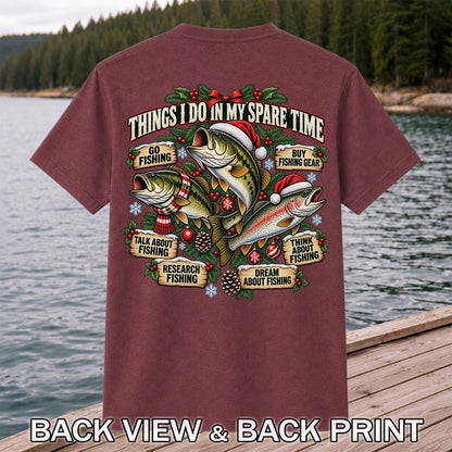 Things I Do in My Spare Time Christmas Bass and Trout Fishing T-Shirt | Back Print