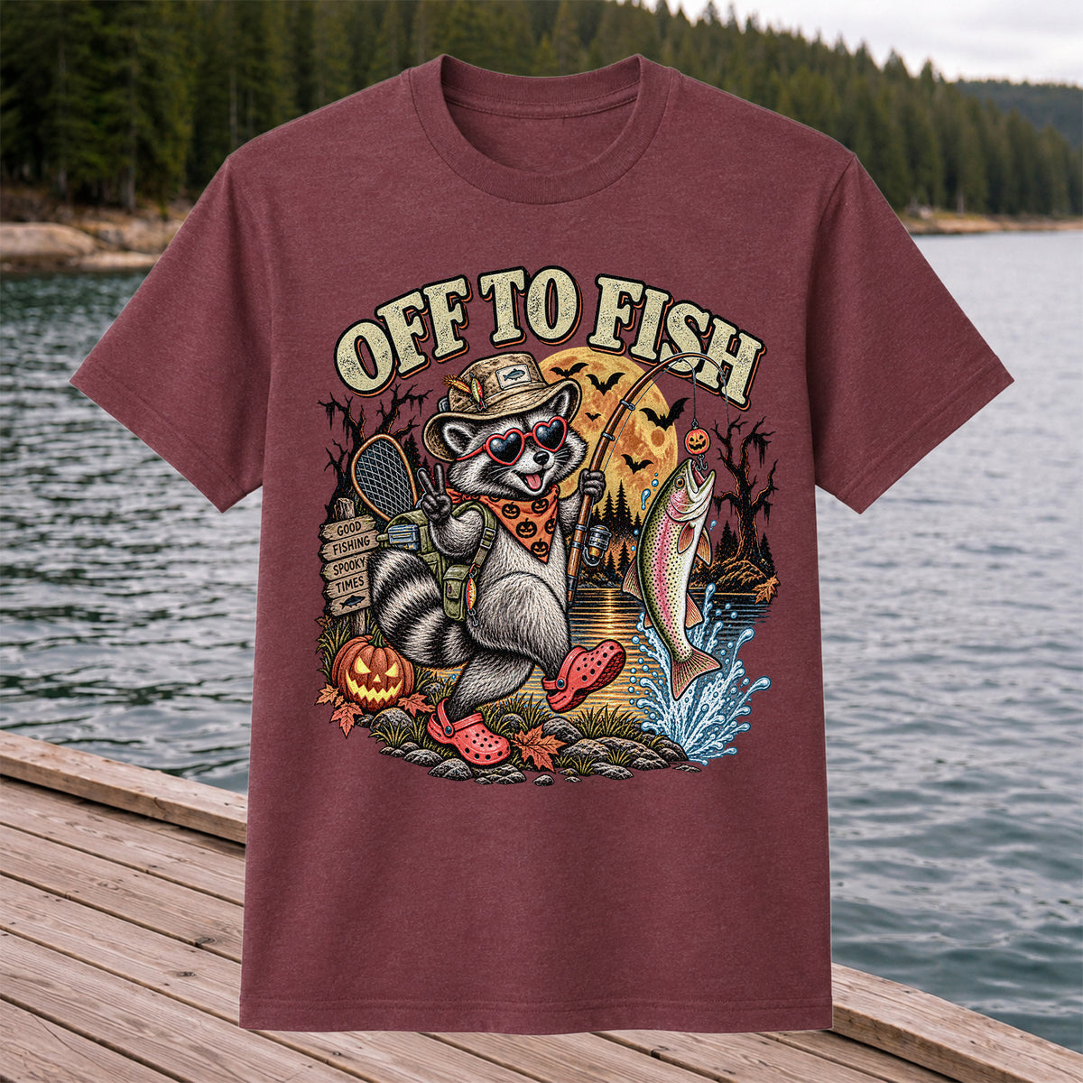 Off to Fish Raccoon and Trout Halloween T-Shirt - Good Fishing Spooky Times