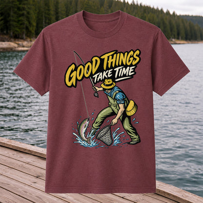 Good Things Take Time Rainbow Trout Fly Fishing Graphic T-Shirt