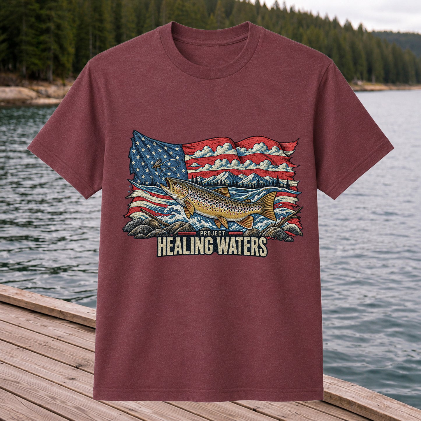 Healing Waters American Flag Brown Trout Fishing Graphic T-Shirt