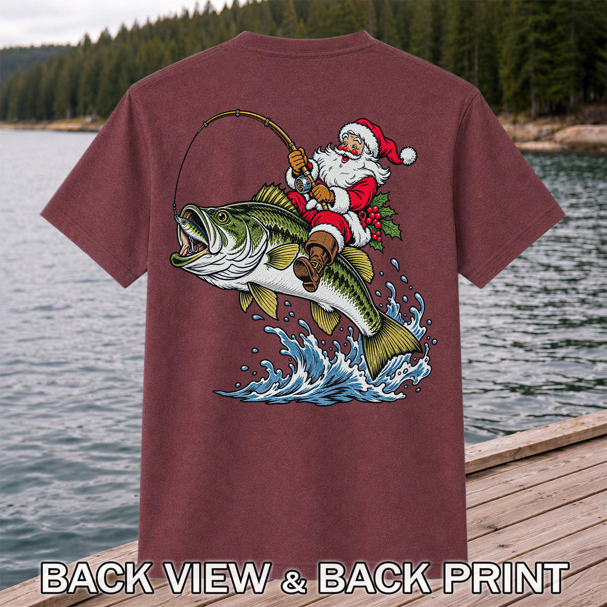 Santa Claus Riding a Bass Christmas Fishing Graphic T-Shirt | Back Print