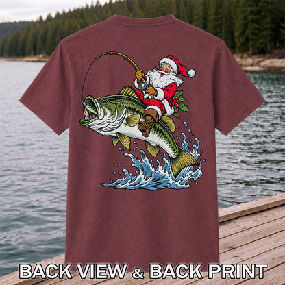 Santa Claus Riding a Bass Christmas Fishing Graphic T-Shirt | Back Print