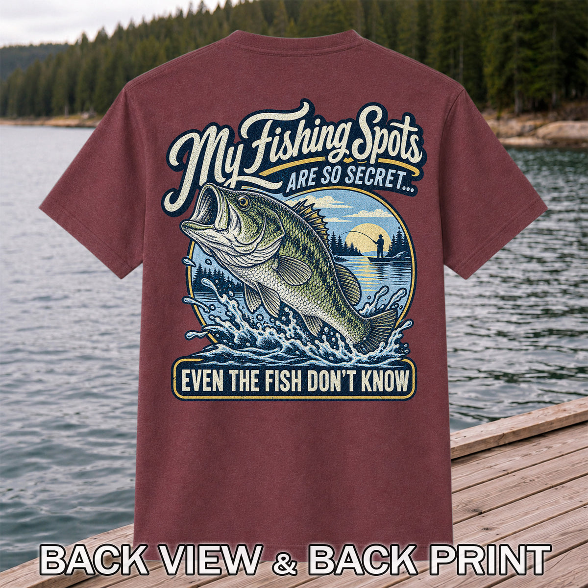 Secret Fishing Spots Largemouth Bass Graphic T-Shirt | Back Print