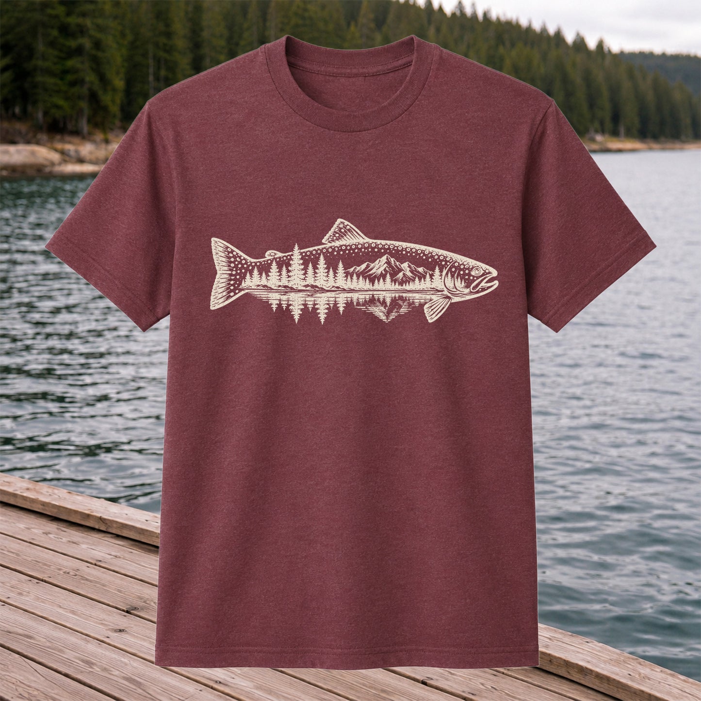 Trout Mountain Forest Reflection Fishing Graphic T-Shirt