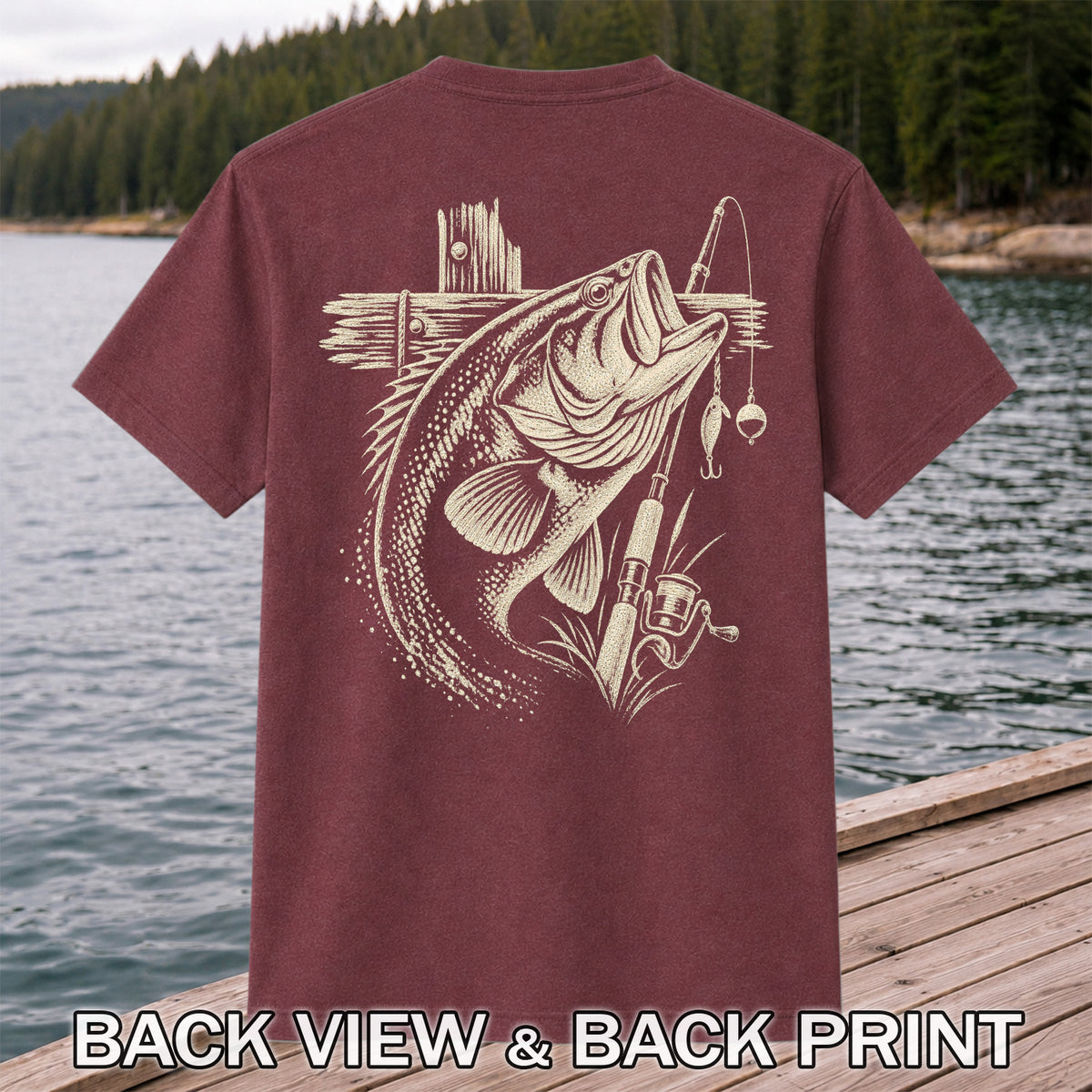 Largemouth Bass Fishing Rod Vintage Graphic T-Shirt | Back Print