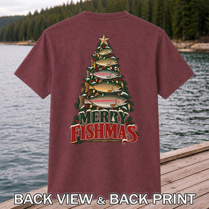 Merry Fishmas Trout Christmas Tree Fishing T-Shirt | Back Print