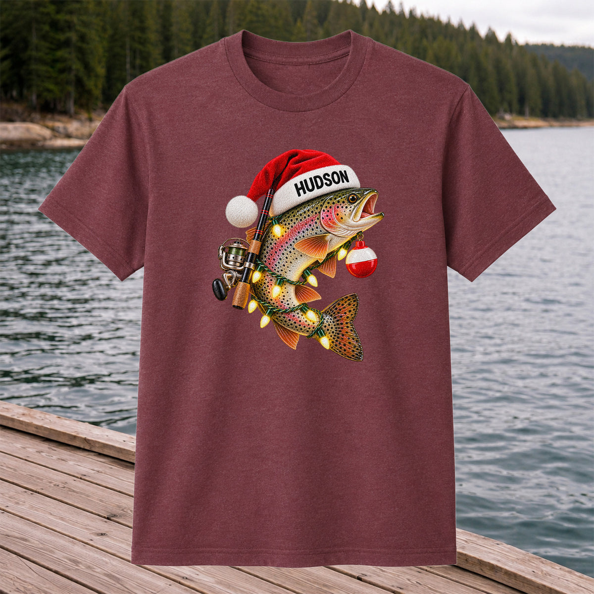 Hudson Santa Hat Rainbow Trout Christmas Fishing T-Shirt