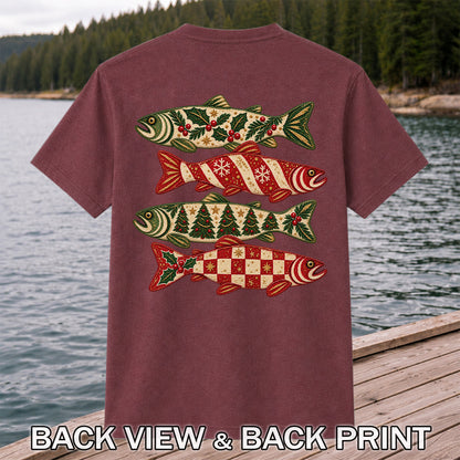 Christmas Trout Holiday Pattern Fishing Graphic T-Shirt | Back Print