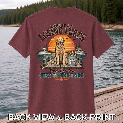 Expert at Losing Lures Golden Retriever Funny Fishing T-Shirt | Back Print