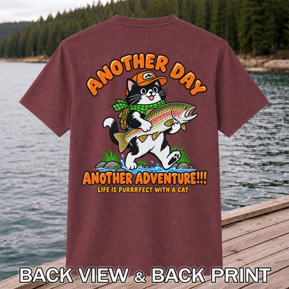 Another Day Another Adventure Cat and Trout Fishing Graphic T-Shirt | Back Print