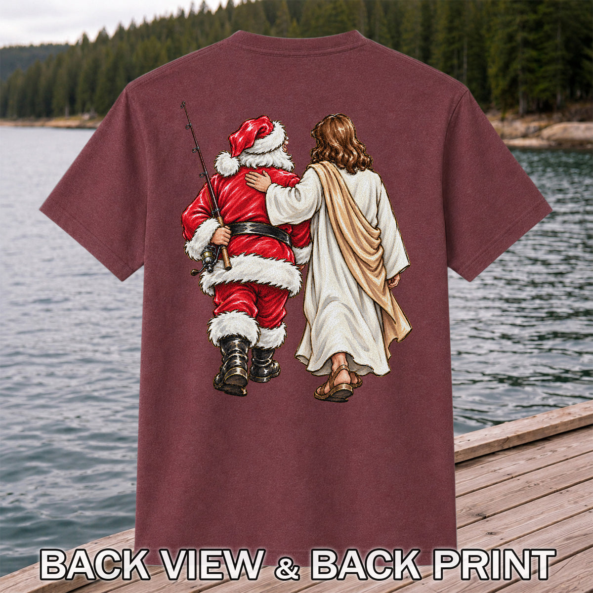 Santa and Robed Companion Fishing Graphic T-Shirt | Back Print