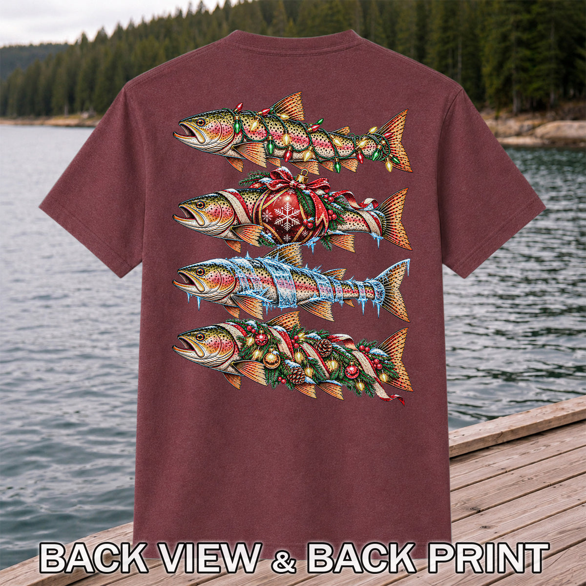 Christmas Rainbow Trout with Holiday Lights Fishing Graphic T-Shirt | Back Print