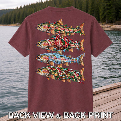 Christmas Rainbow Trout with Holiday Lights Fishing Graphic T-Shirt | Back Print