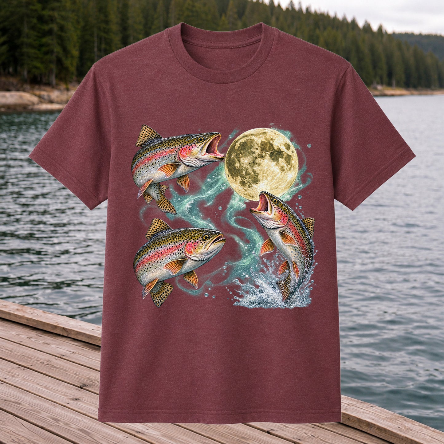 Rainbow Trout Under the Full Moon Fishing Graphic T-Shirt