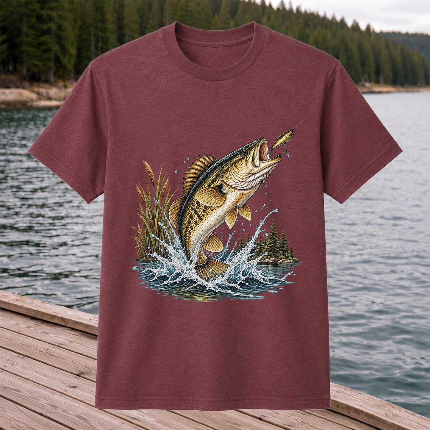 Jumping Bass Chasing a Lure Lake Fishing Graphic T-Shirt